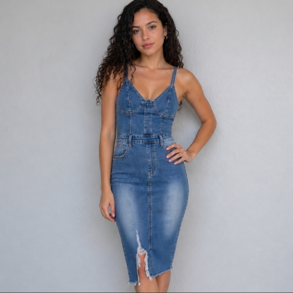 Denim Blue Jean Bodycon Form Fitting  Spaghetti Strap Sexy Dress Small